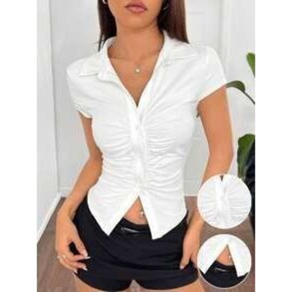 SHEIN EZwear White Ruched Slim Fit Short Sleeve T-Shirt, Casual & Fashionable F…